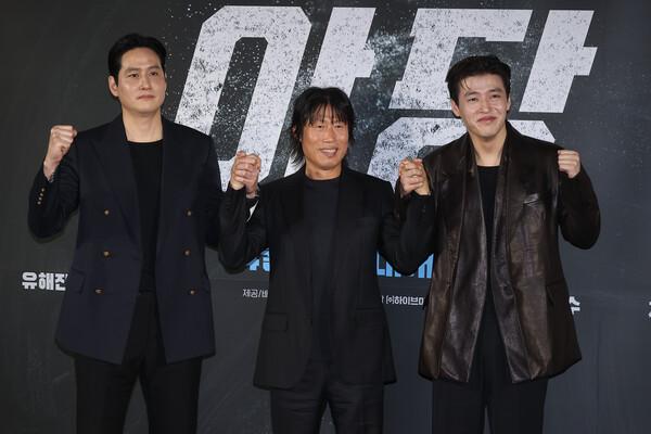 영화 〈야당〉 제작발표회 (서울=연합뉴스) 류효림 기자 = 배우 박해준(왼쪽부터), 유해진, 강하늘